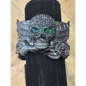 SKULL Signed Gothic Skull Rose Rhinestone Cuff Bracelet Emo Y2K Style